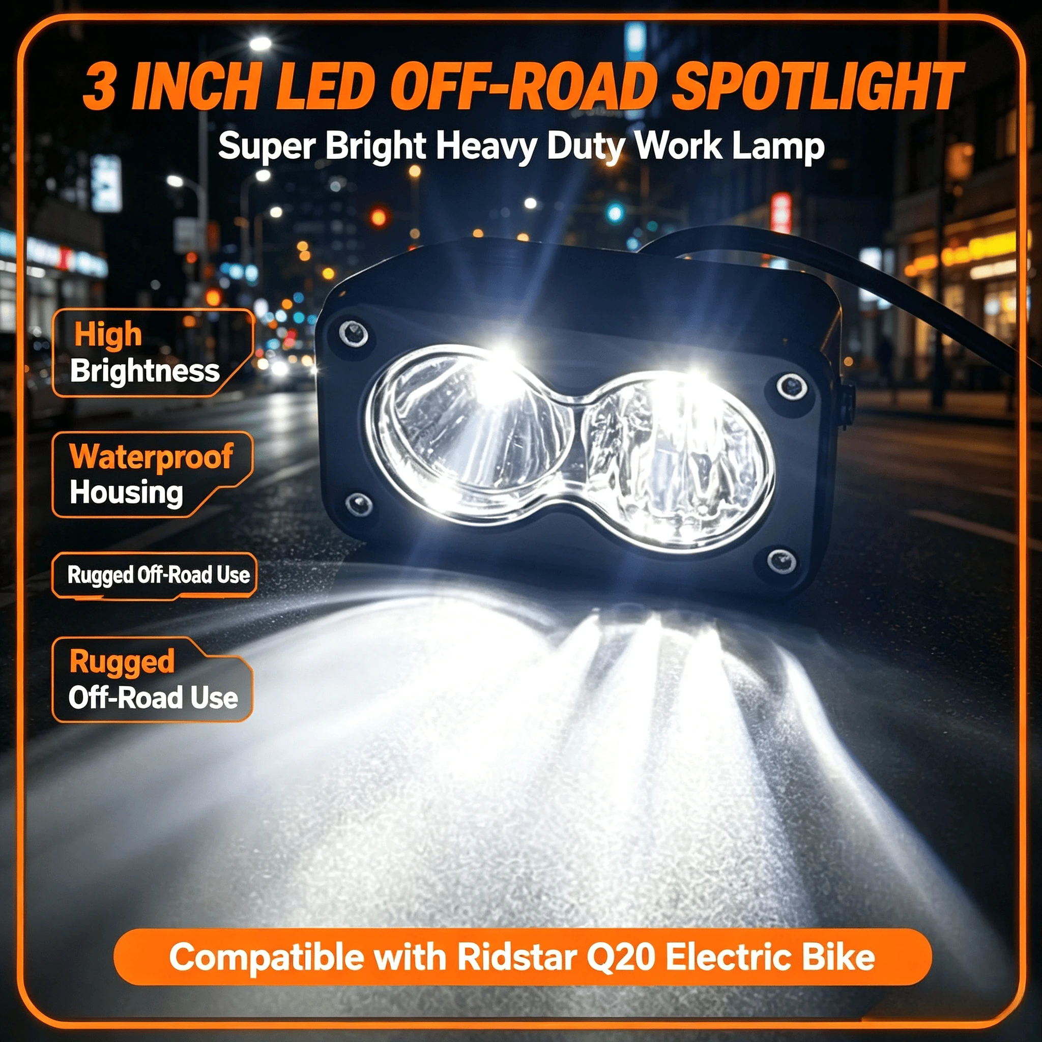 3 Inch Super Bright LED Off-Road Spotlight Heavy Duty Work Lamp Compatible with Ridstar Q20 Electric Bike