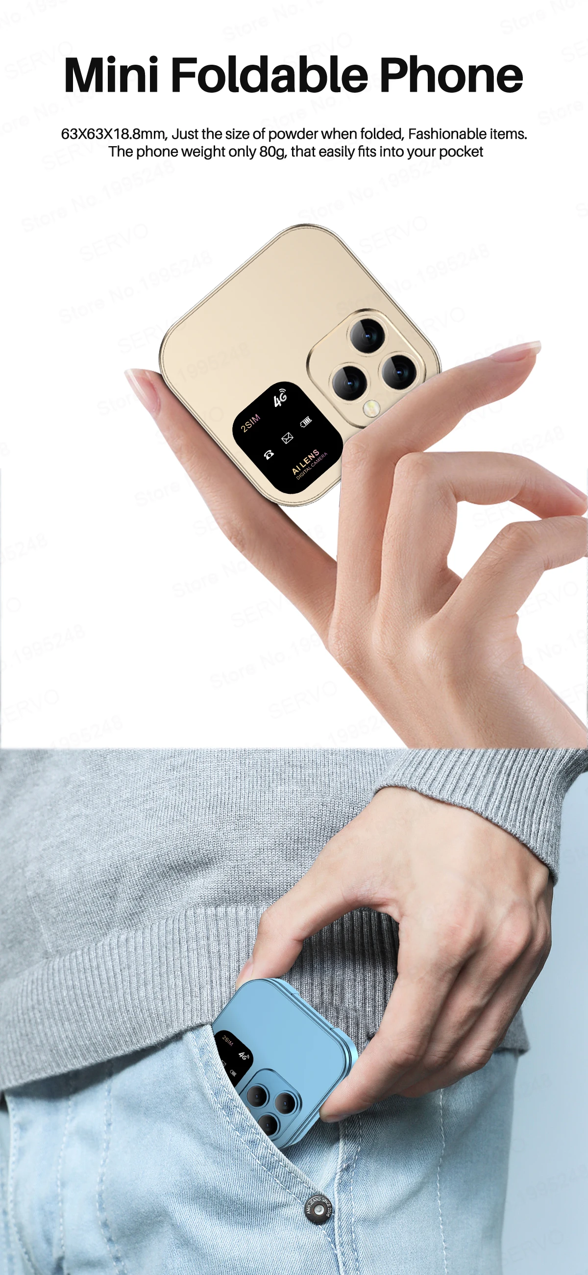 SERVO Mini Flip Feature Phone 1.77" HD Display 4G LTE Dual SIM Speed Dial Call Recording Blacklist Video Unlocked Fold Cellphone
