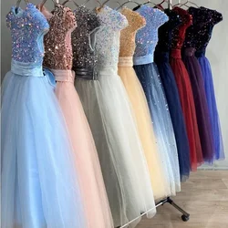 Elegante abito da festa per ragazze abito da principessa a maniche corte per bambini da sposa abiti da sera formali per comunione di compleanno in pizzo con paillettes