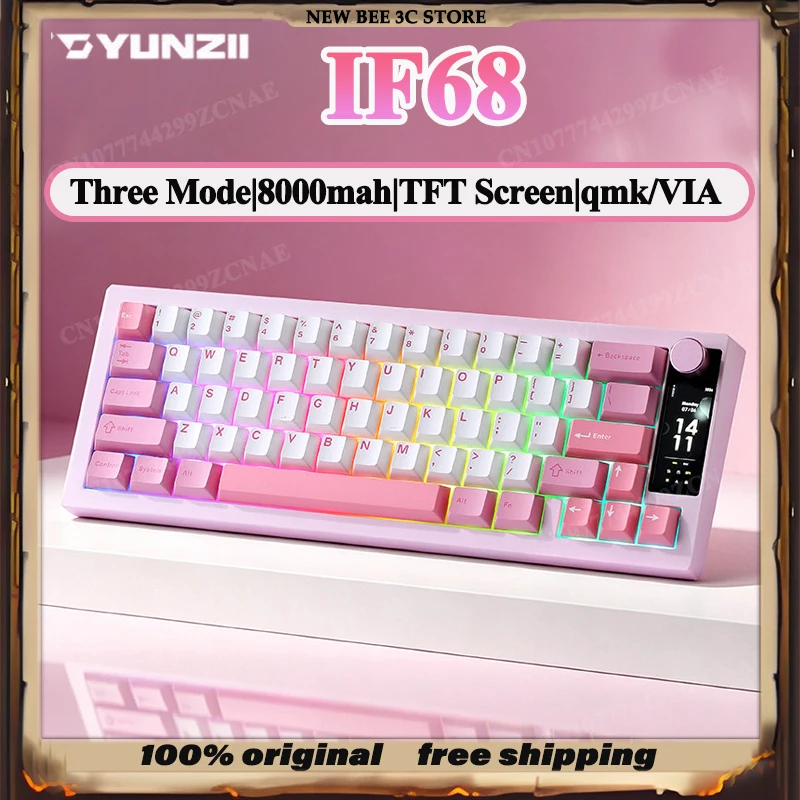 YUNZII IF68 Mechanical Keyboard Tri Mode Wireless Custom Tft Color Screen Full Key Hot Swappable Rgb For Office Gaming 8000MAH
