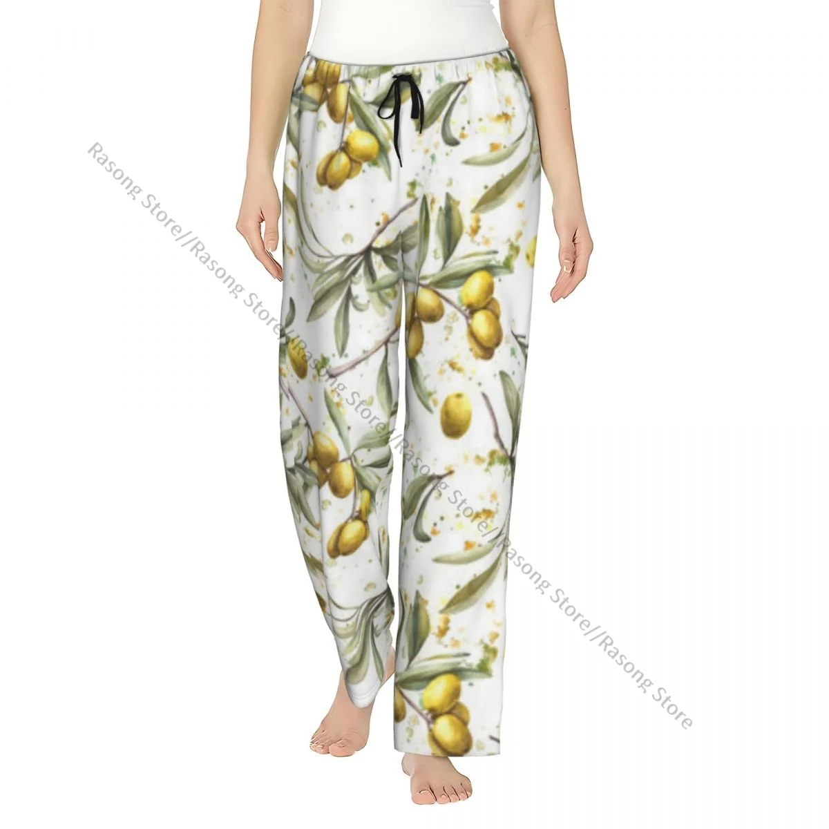 

Women Lounge Pants Soft Olive Tree Branch Watercolor Splashes Stains Background Pajama Pants Winter Sleepwear
