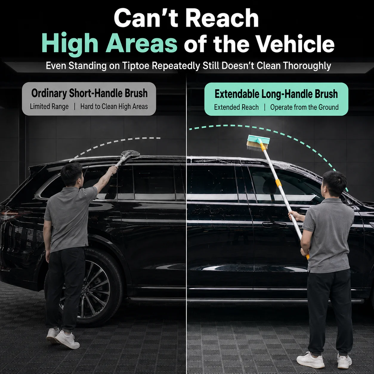 MORAY Extendable Long Handle Car Wash Brush, Wide Surface Washing & Water Squeegee Integrated Auto Detailing Cleaning Tool