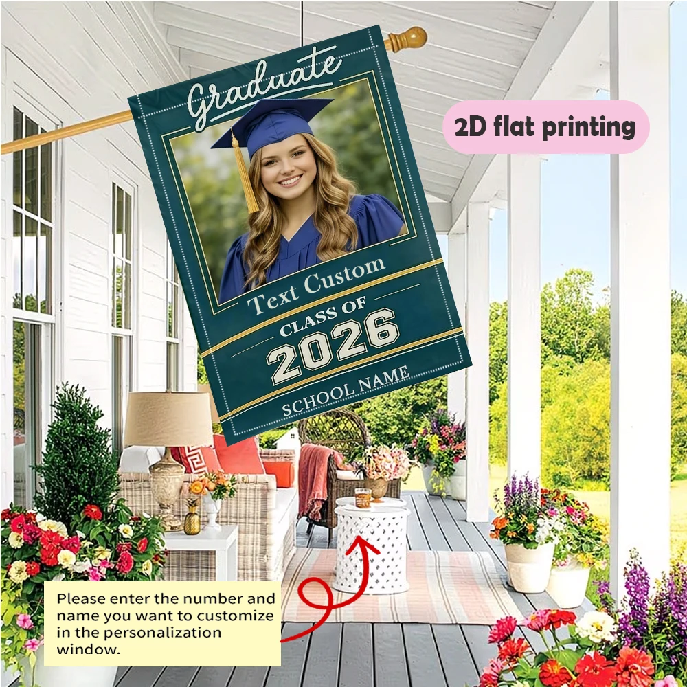 Garden flag custom Name Photo And School Name Teal Gold White Border Gifts for Graduates No power supply required view 2