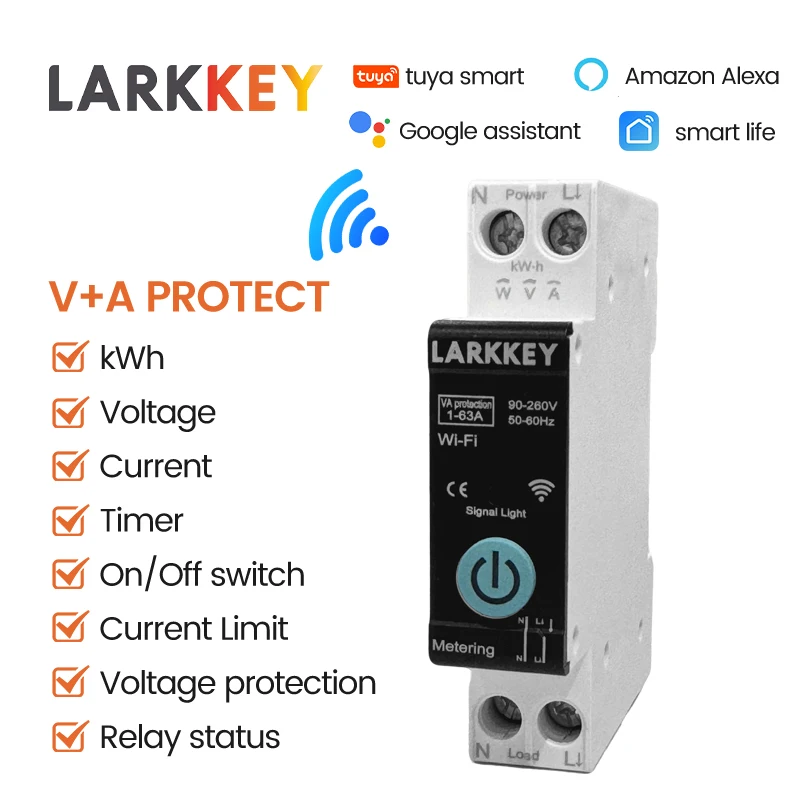 TUYA WIFI 1P 1-63A Smart Circuit Breaker Power Metering Over Current Under Voltage Protection DIN Rail Smart Switch LARKKEY
