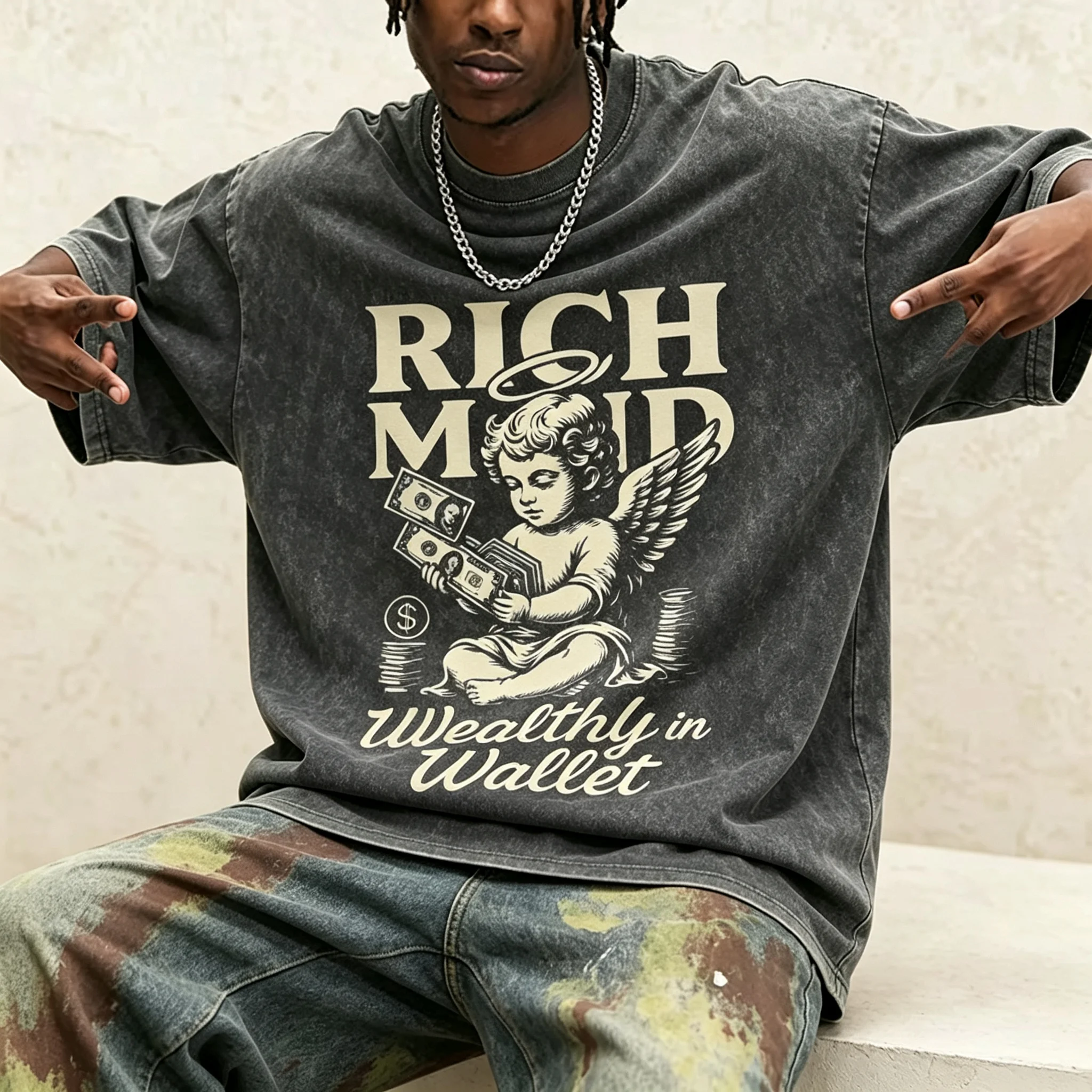 Men Vintage Washed Shirt Rich Mind Wealthy In Wallet Cherub Angel Counting Money Graphic Print Streetwear Pop Short Sleeve Tee
