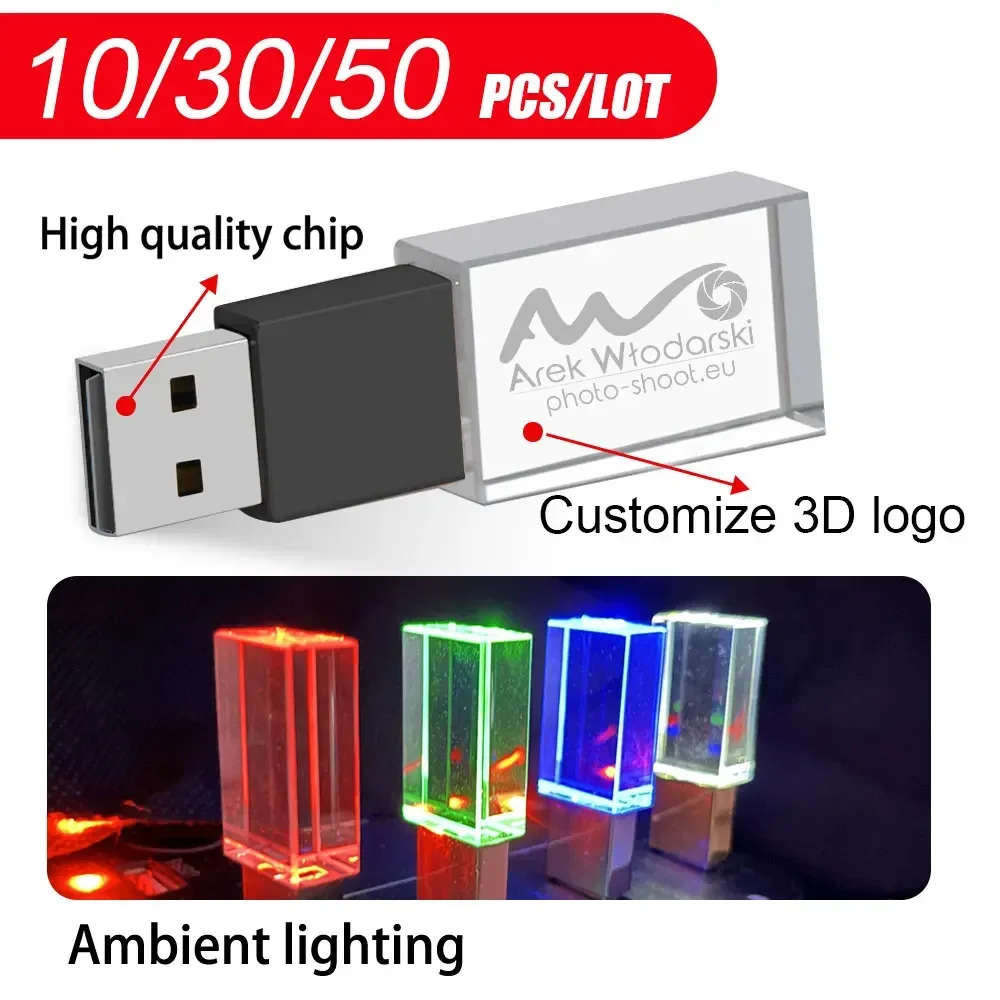

10/30/50 шт./лот флешка USB2.0 с бесплатным логотипом, оптовая продажа, светодиодная хрустальная флэш-накопитель, 4 ГБ, 8 ГБ, 16 ГБ, U-диск, 32 ГБ, 64 ГБ, 128 ГБ, подарочный флэш-накопитель