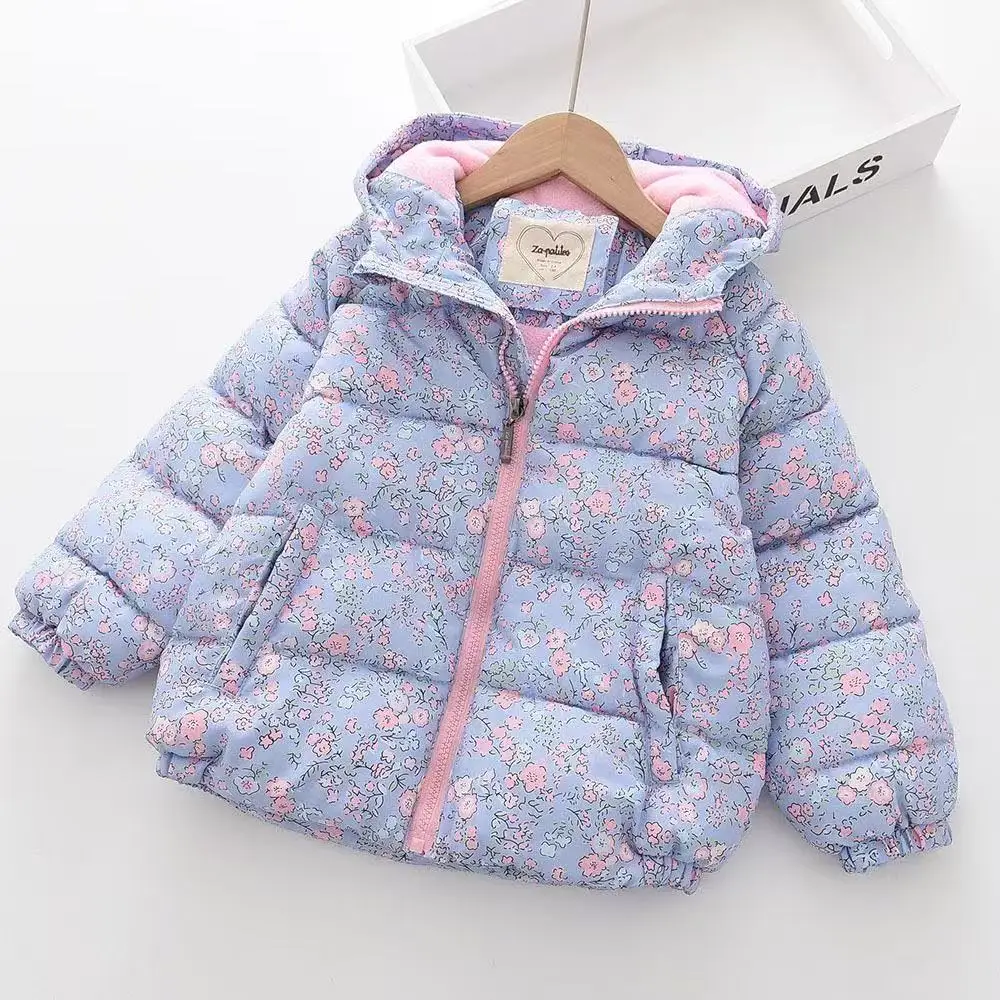 Girls Floral Padded Cotton Jacket 3-9Y Middle Small Children Winter Short Coat 100-150cm Female Kids Hooded Cotton Outerwear