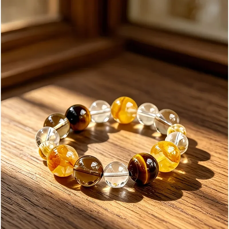 Lucky Yellow Tiger Eye Natural Crystal Bracelet Yellow Gel Flower Big Bead Duobao Crystal Bracelet Men's and Women's Couple