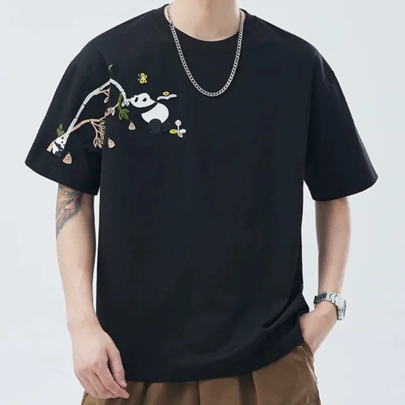 Y2K Hip Hop Street Fashion Korean Edition Oversize Unisex 2024 Summer Fashion New All Cotton Panda Pattern Short Sleeve T-shirt