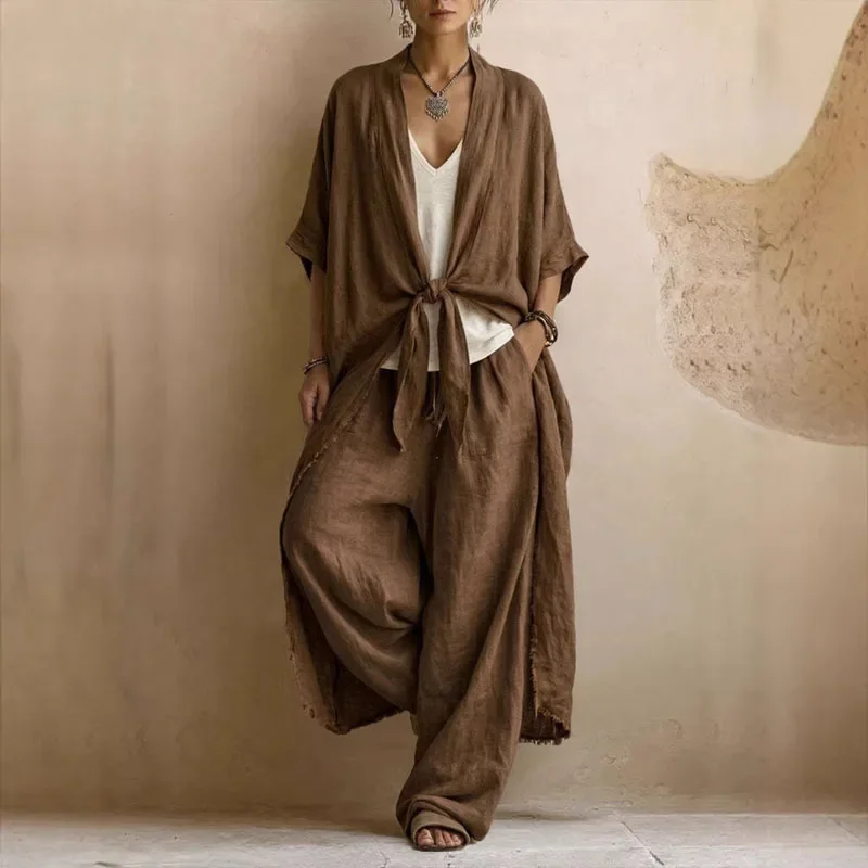 Retro Solid Long Coat & Pants Set Women Tie Front High Rise  Wide Leg Suit New Loose Fit Boho Travel Casual 2 Piece Outfit