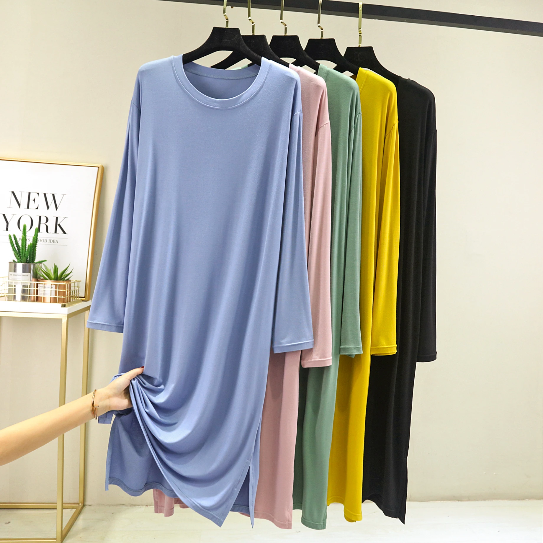 

Женское весеннее тонкое повседневное платье из модала с круглым вырезом, однотонное, больших размеров, свободного кроя, для дома и отдыха