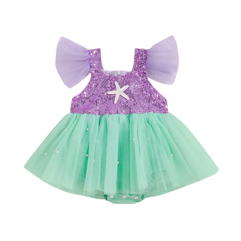

Baby Girls Summer Romper Dress Tulle Flying Sleeve Square Neck Sequin Pearl Jumpsuit