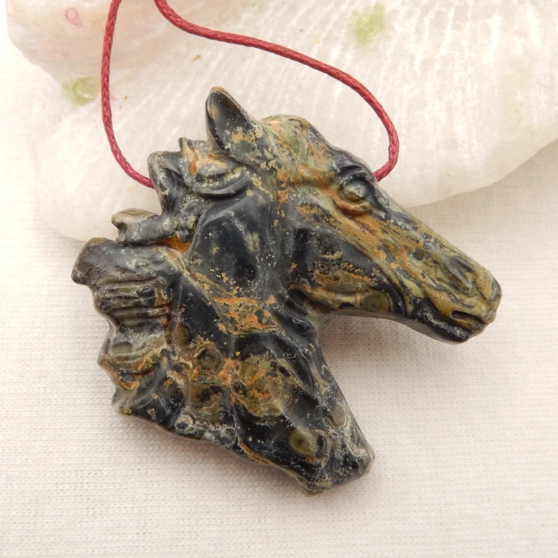 Natural Ocean Kambaba Carved horse head Charms Pendant Bead,Jewelry accessories,Jewelry Gift Gemstone 46x29x8mm26.6g