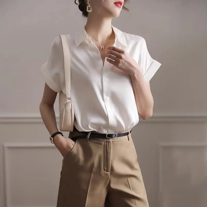 Summer Fashion Elegant Short Sleeve Women's Shirt Lady Loose Simple All-match Buttons Casual Fashion Chiffon Blouse Solid Tops