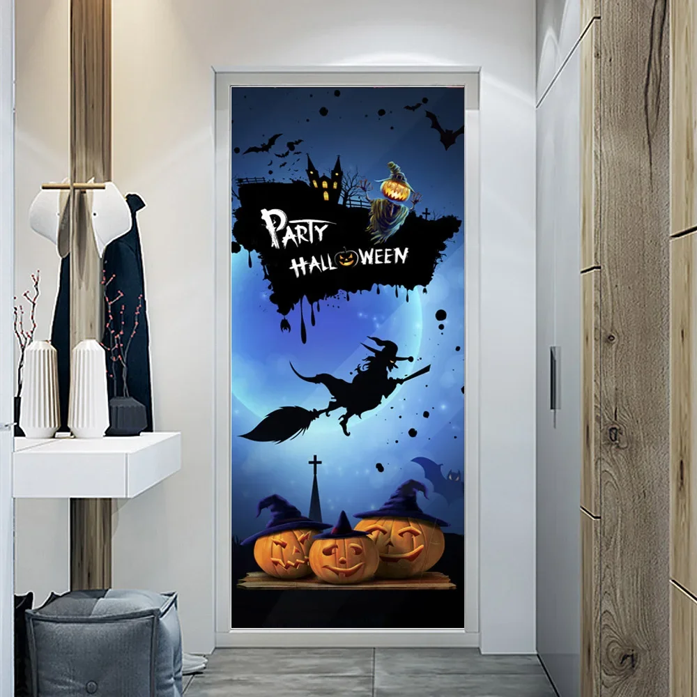 Happy Halloween Door Sticker Pumpkin Witch Wallpaper Horror Ghost Clown Mural PVC Self-adhesive Kids Boys Bedroom Decor Poster - view 3