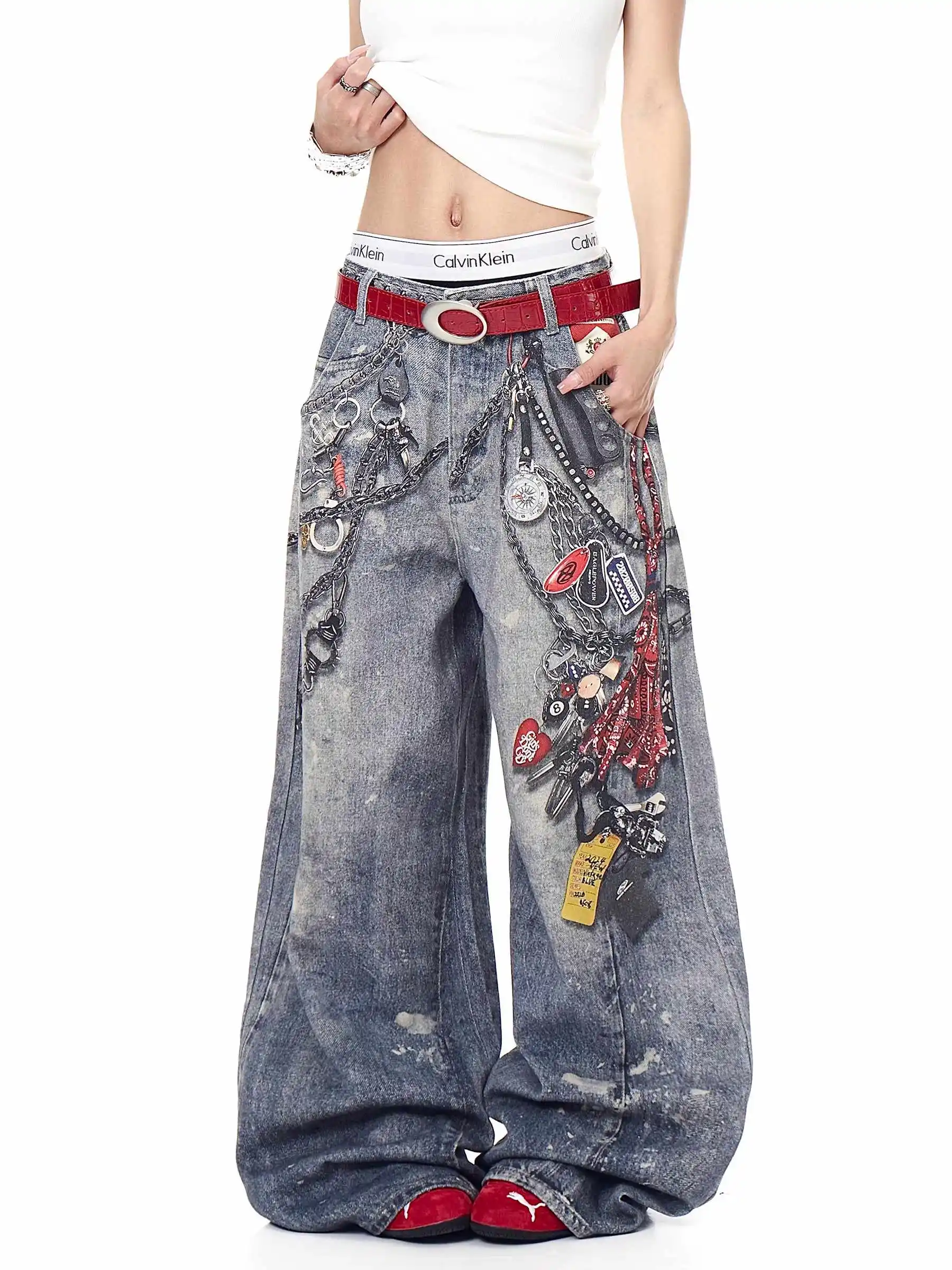 Women's Y2k Baggy Graffiti Print Jeans Harajuku Vintage Denim Trousers Japanese 2000s Style Oversize Hip Hop Jeans Pants Clothes