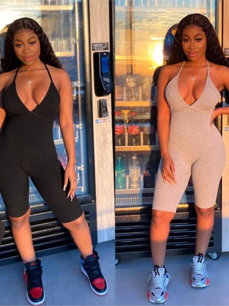 Sexy Romper Jumpsuit Woman Clothes  Fitness Hang Band Backless V-Neck Ribbed Bodysuit Summer Female Jumpsuits Overalls For Women