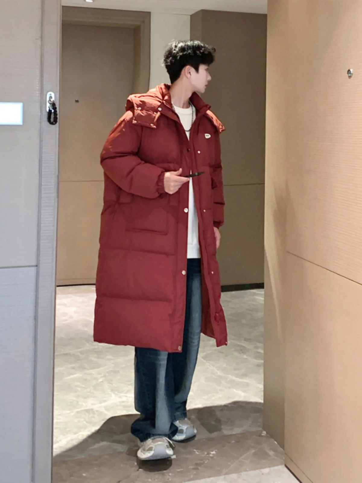 

Reddi Brown Mid-Length Hooded down Cotton Jaet Men's American Retro Sle Winter Coat Couple's New Year's Battle Robe