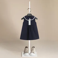 Fashion Summer Girls Clothes Sleeveless Dress Kids Clothes Contrast Color Striped O-neck  Autumn New Sweet Cotton Dress