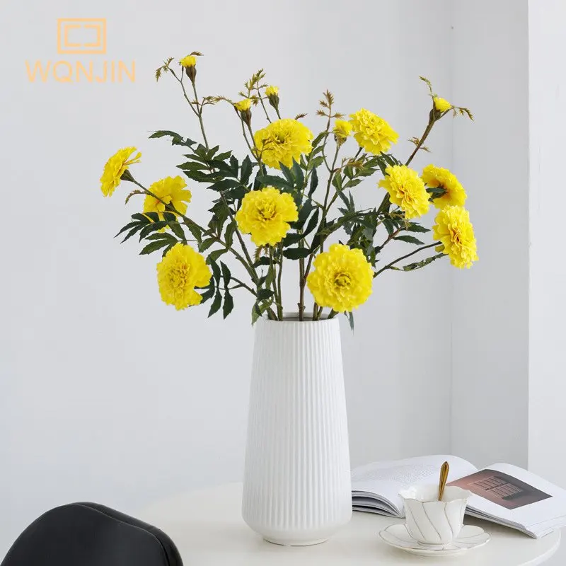 3 heads/bunch Artificial Chrysanthemum Real Touch Marigold Fake Flower Plastic Silk Flower Home Decoration Wedding Decoration