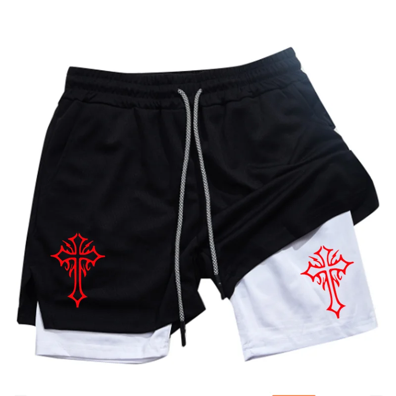 Cross Print 2 in 1 Workout Running Shorts for Men Christian Gym Athletic Shorts with Compression Liner Phone Pocket Towel Loop