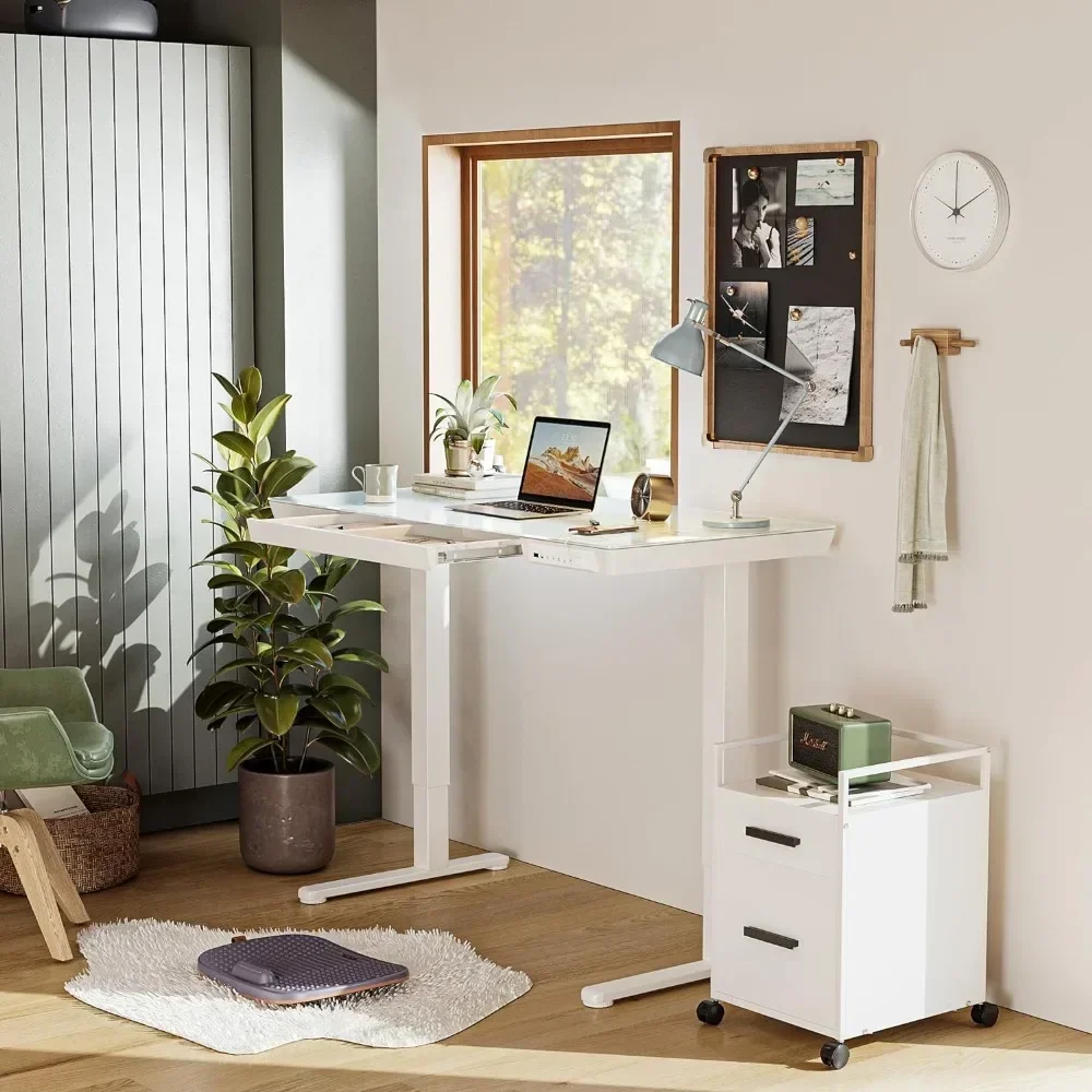 

Standing Desk with Drawers,55 Inch Whole-Piece Glass Desktop,Height Adjustable Stand Up Sit Stand Home Office Ergonomic A