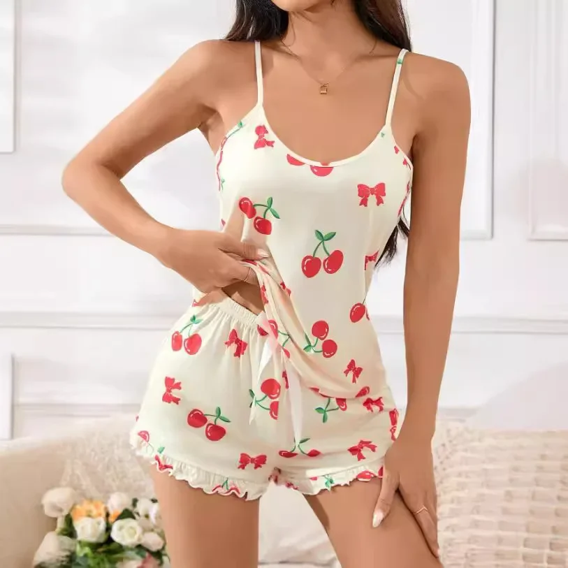 

Women Sleepwear Summer Pajamas Set Breathable Soft Casual Cherry Print Straps Cami Tops and Shorts Set Homewear Loungewear