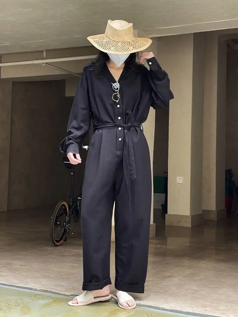 

Women Jumpsuit Summer New Korean Linen Long Sleeve V Neck Single Breasted Leisure Loose Overalls Jumpsuit
