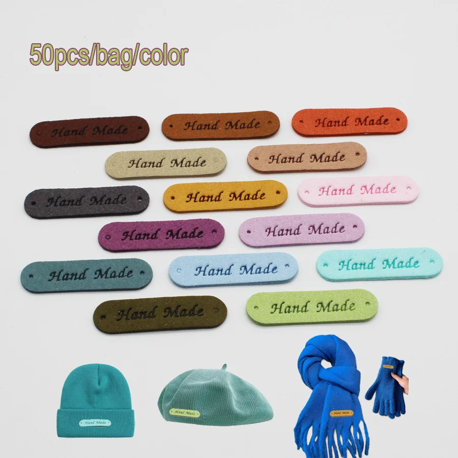 

50pcs One Color Stock Colorful Handmade Letter Microfiber Leather Labels Round Corner 2 Holes DIY Tags for Hats Bags Clothing