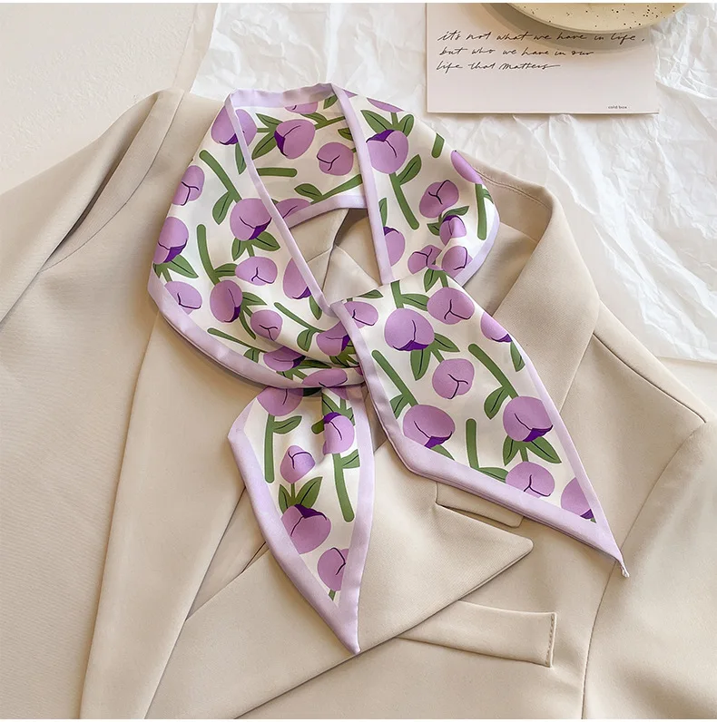 French Purple Small Long Silk Scarf Women's Versatile Headband Hair Tie Thin Narrow Tie Bag Ribbon Streamer Scarf