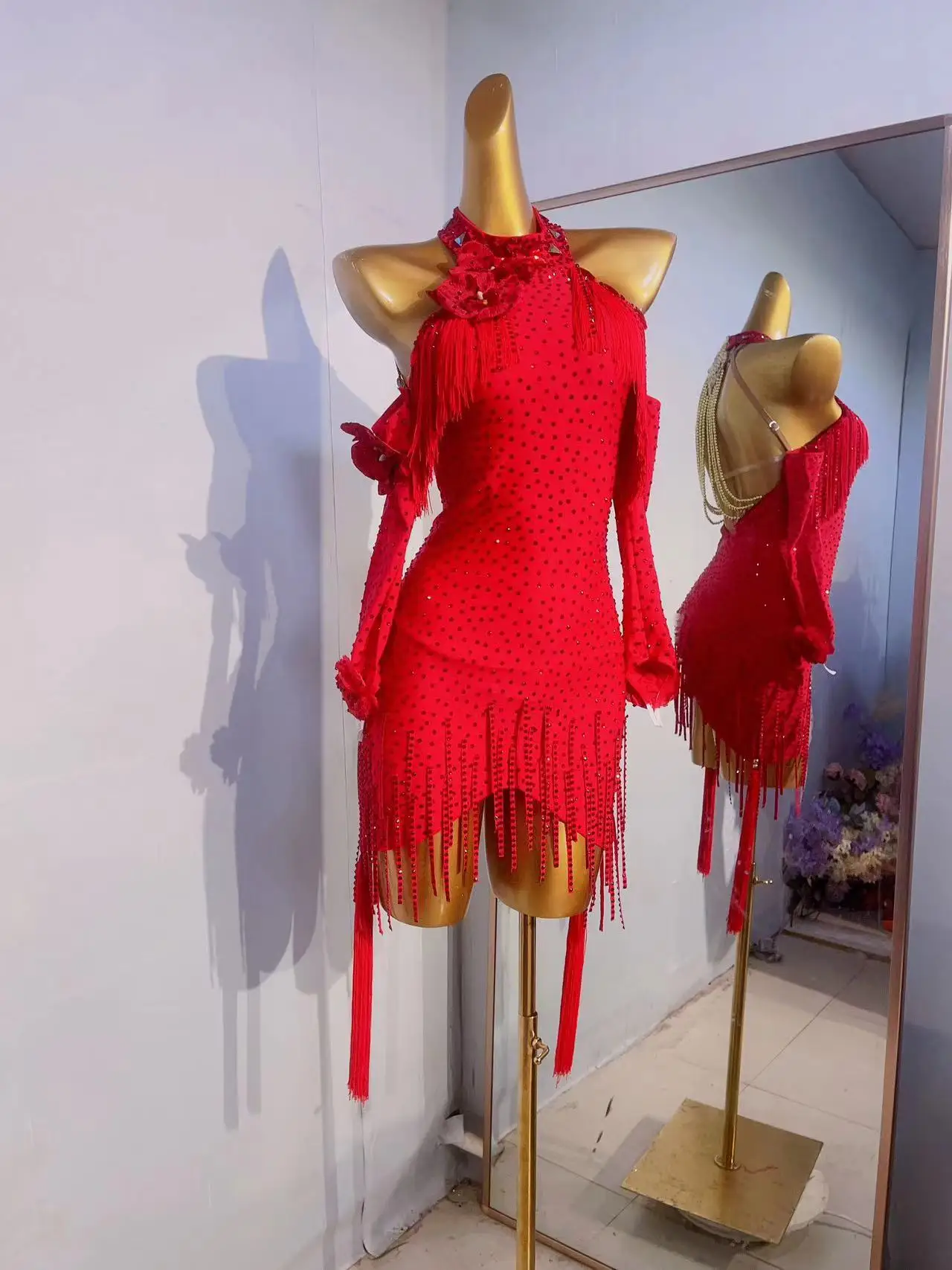 

New Women's Latin Dance Dress High end Diamond Sexy Open Back Slim Fit Dress Tango Chacha Samba Professional Performance Dress