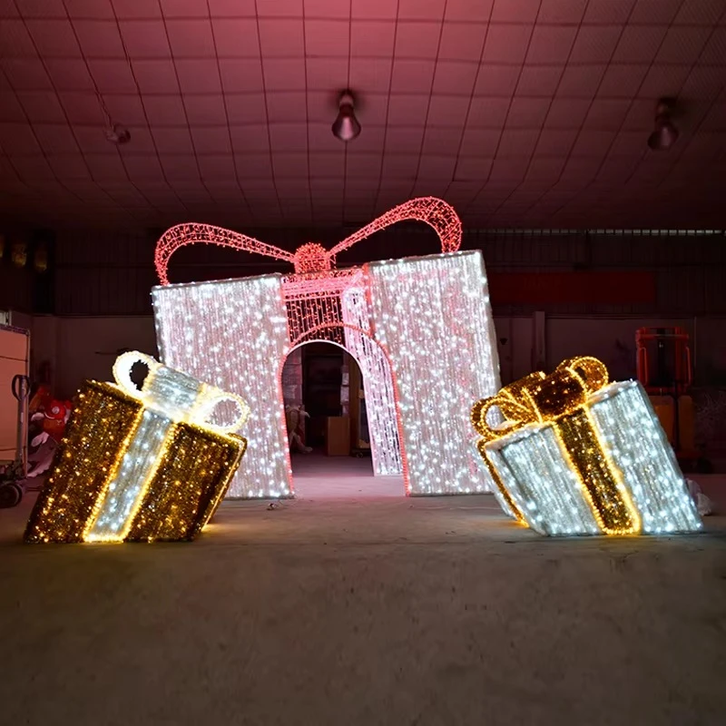 Products Christmas Decorative Arch 3 Pcs 3D Light Emitting Diode Gift Box Presenting Pattern Lights