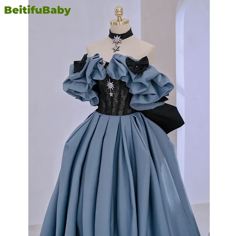 BeitifuBaby Women\'s Palace Style Evening Dress Off The Shoulder Slimming Lace Bow Banquet Ball Gown Formal Dress Women Vestidos