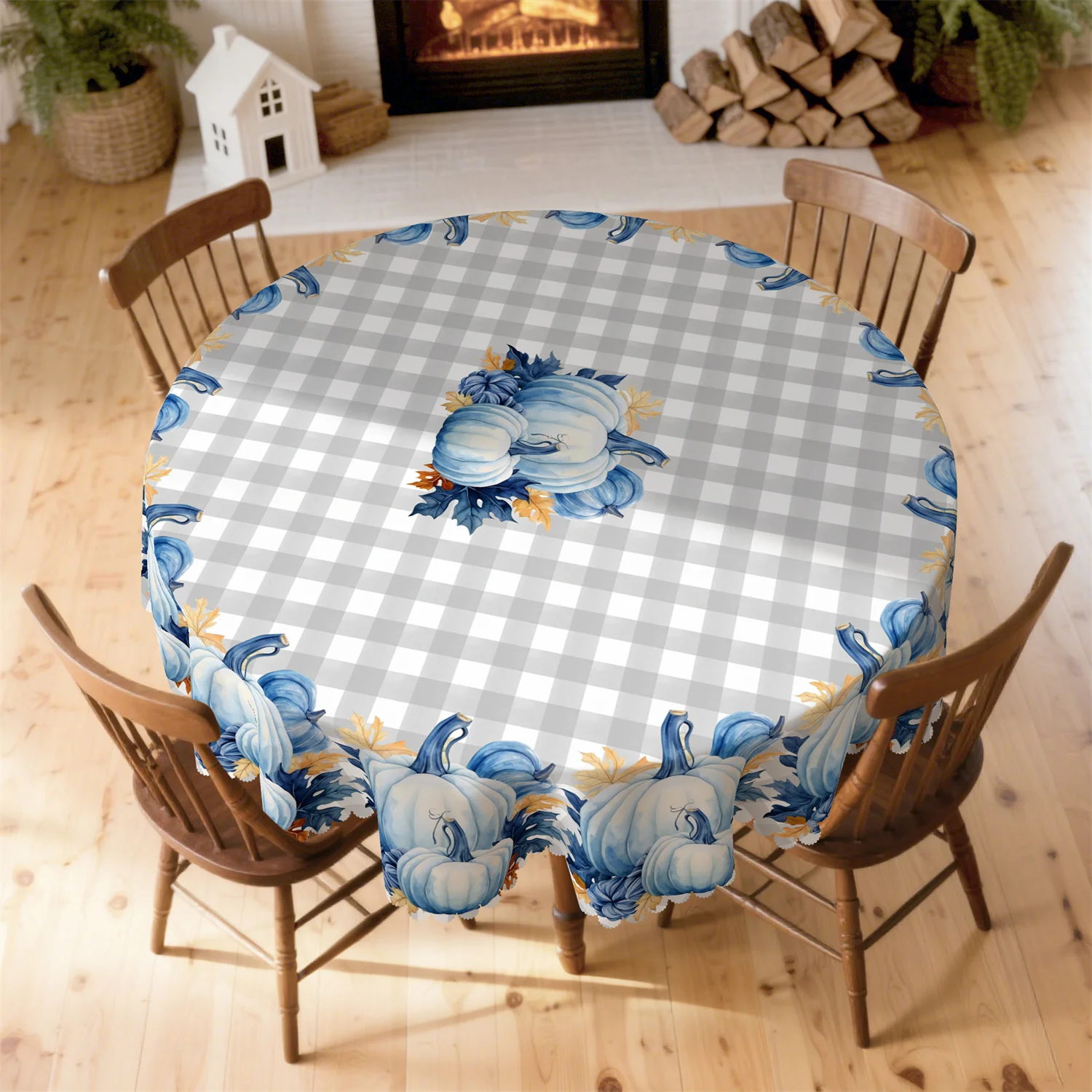 Blue pumpkin autumn leaves autumn tablecloth, 1 pack, suitable for indoor use during Thanksgiving.zyc