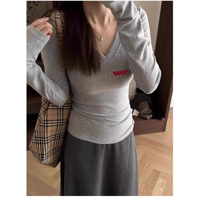 V Neck Slim Simplicity Korean Contrast Tops Spring Autumn New Women Clothing Long Sleeve All-match Sweet T Shirts Fashion Trend