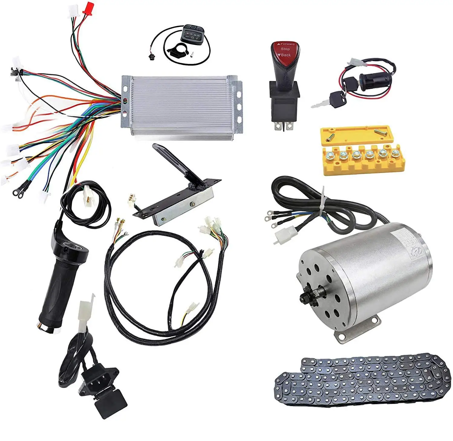 

48 В 1800 Вт бесщеточный контроллер электродвигателя, ручка дроссельной заслонки, педаль, жгут проводов, вилка зарядного устройства, цепь, комплект ключей зажигания для картинга