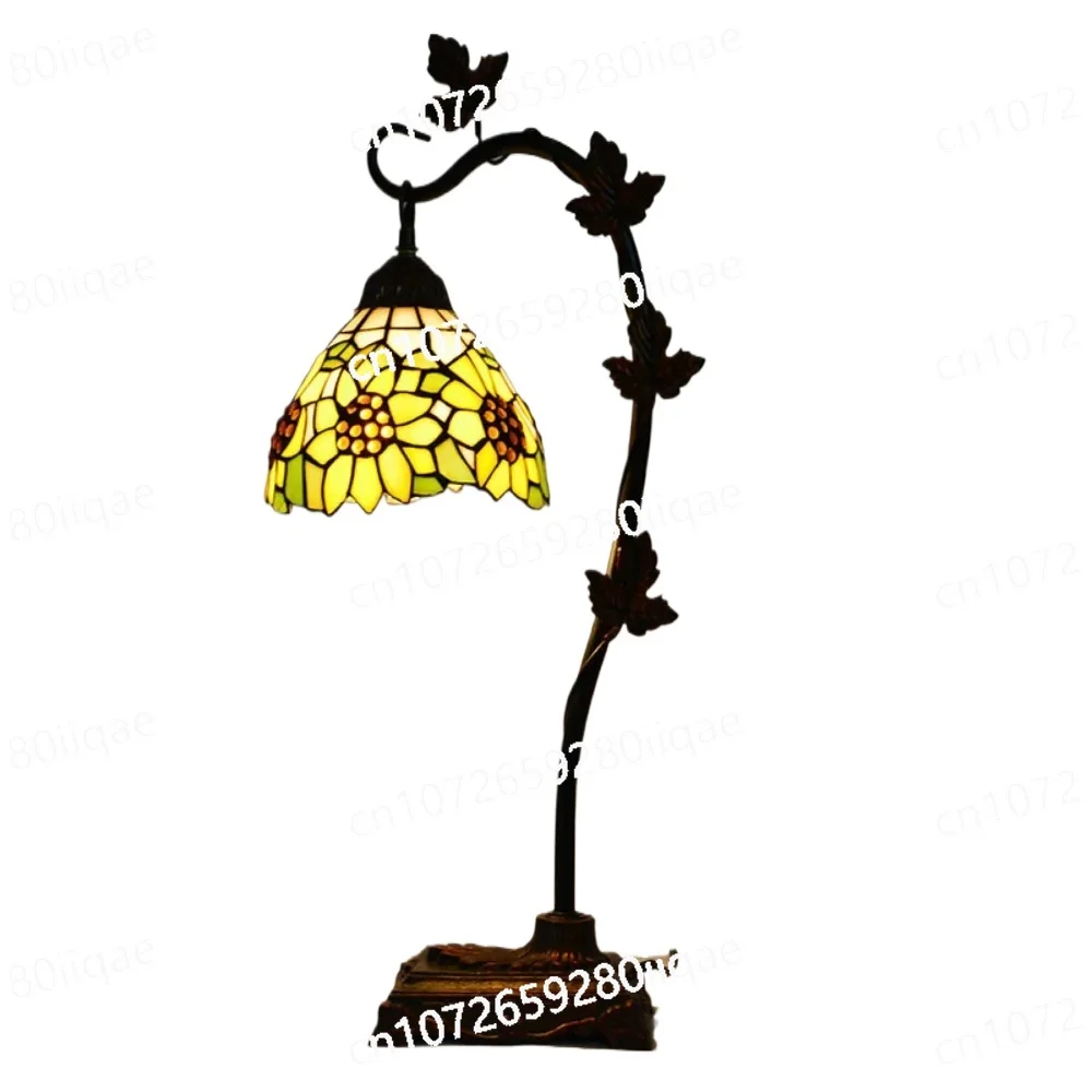 8Inch 20cm Handcrafted Coffee Home Decor Table Lamp Tiffany-Style Stained Glass Flower Lampshade Desk Light with Resin Base