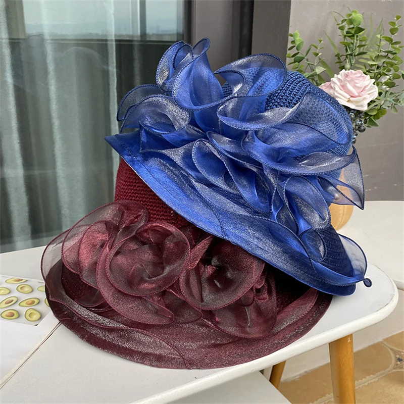 Womens Lace Floral Organza Sun Hat Wide Brim Tea Kentucky Derby Party Church Wedding Cap