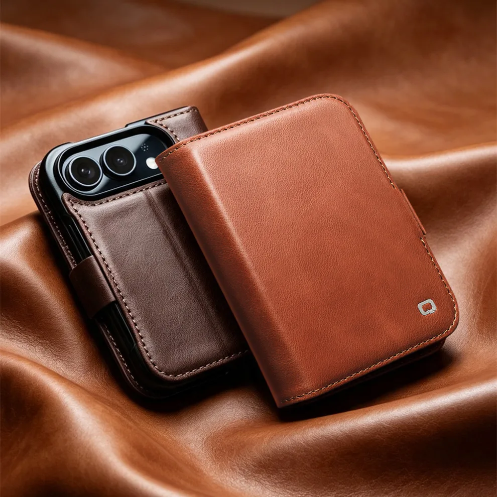 QIALINO 100% Premium Real Cowhide Phone Case for Apple iPhone Duo Natural Genuine Flip Leather Wallet Cover