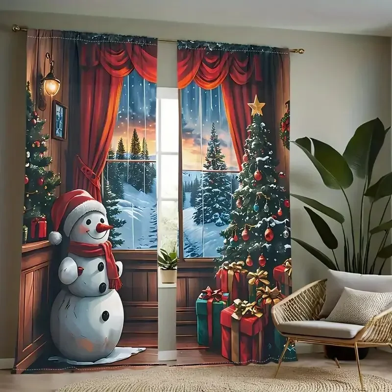 

2 Pieces - Christmas tree Forest Snowman pattern printed curtains, window decorations, home decorations, room decorations