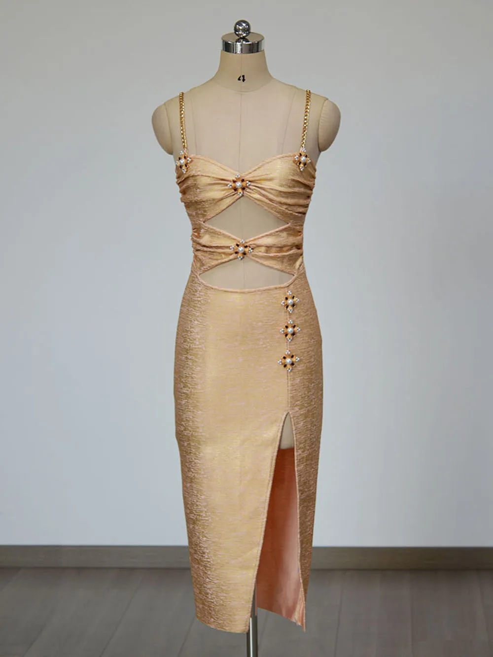 Modphy Ladies Hollow Out Beaded Spaghetti Strap Backless Celebrity Party Club Hot Pressed Golden Print Sexy Midi Bandage Dress image 4