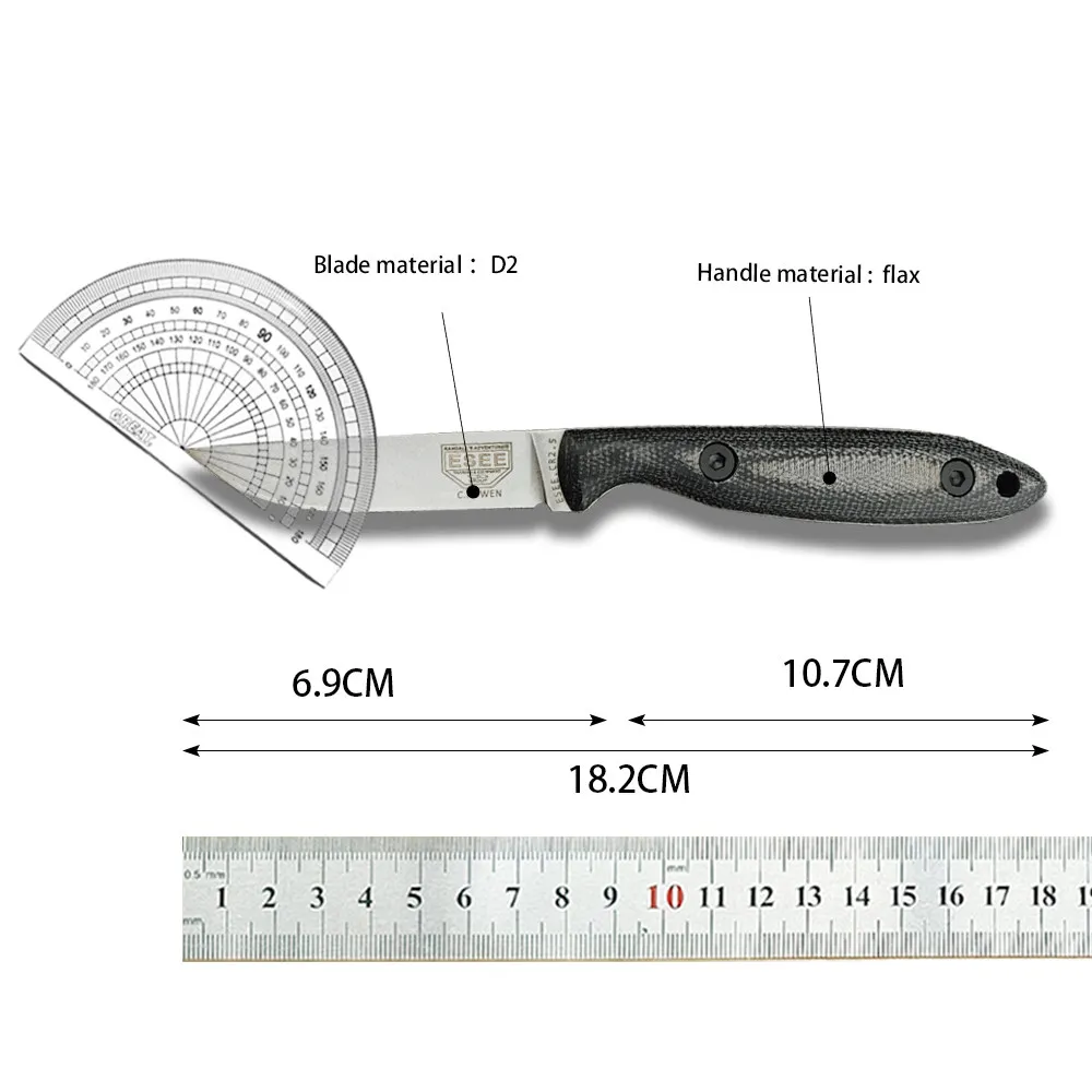 ESEE Knife D2 Stonewashed Fixed Blade, Linen Handle with Scabbard EDC Outdoor Tactical Knife EDC Camping Survival Hunting Tool