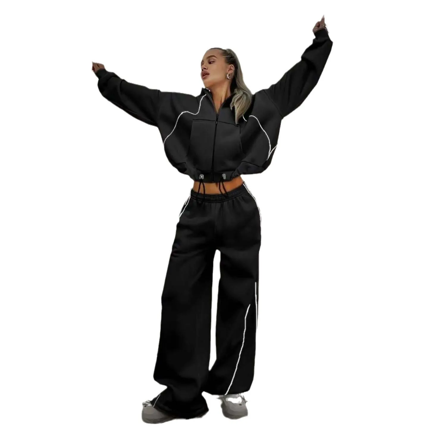 Women Fashion Line Contrast Color Hoodie Zip Up Sweatshirt Set Casual Loose Straight Pants Two Piece image 5