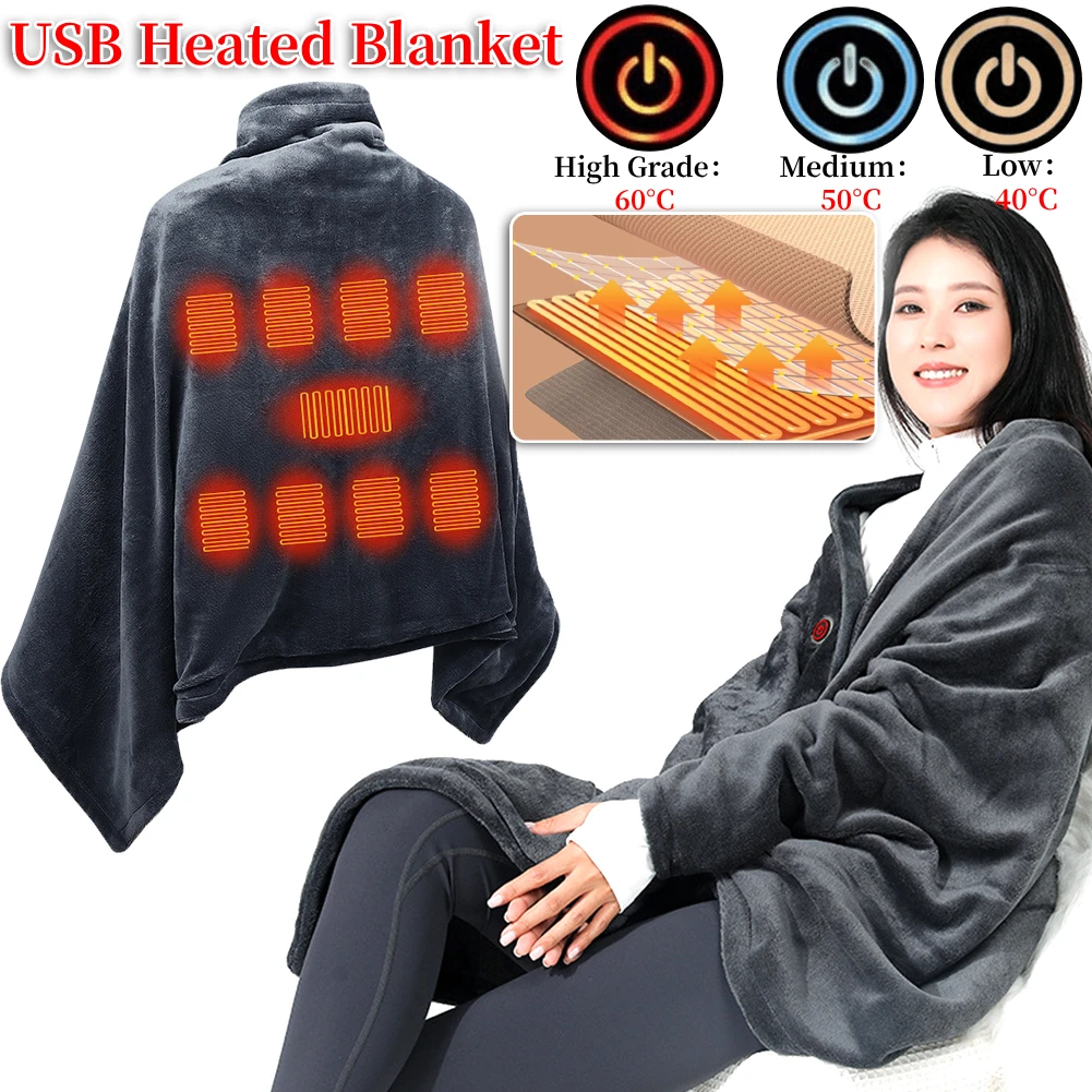 Wearable Heating Electric Blanket Shawl 3 Heated Level Throw Blanket 5v USB Charging Coral Velvet 8 Heated Areas Fast Heating