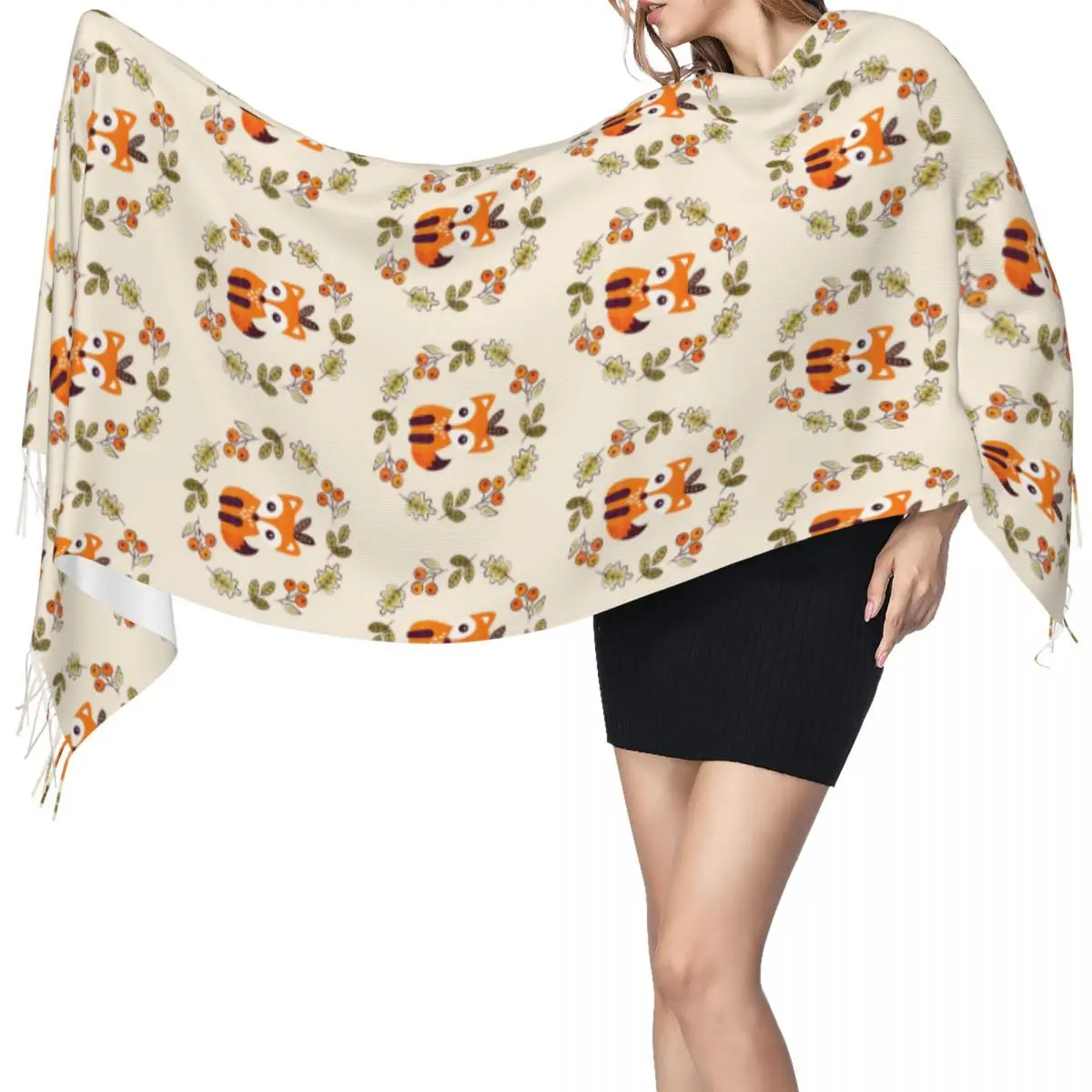 

Маленькая лиса с осенними ягодами, шарф, шарфы с кисточками, женские мягкие теплые шали и накидки, большая осенне-зимняя шаль