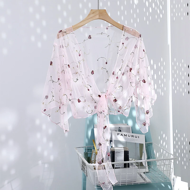 Women Mesh Sheer Cover Ups Shirts Tops Floral Embroidery Long Sleeve See-through Cardigan Blouse Beach Style Shawl Shirts