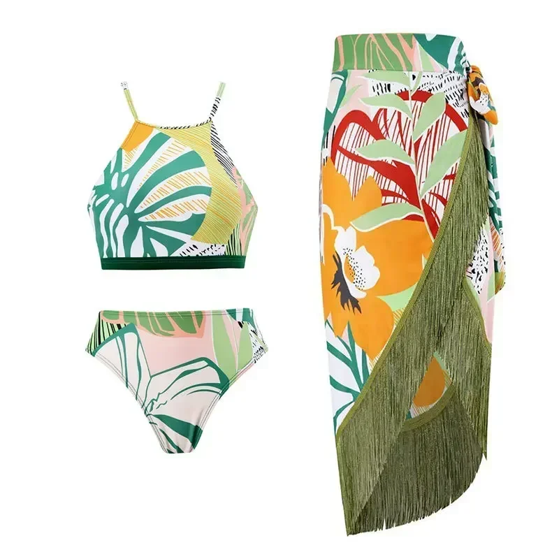 

Vintage Print Swimsuit Women 2025 High Waist Skirt Tassels Stripe Bikini 3 Piece Monokini Brazilian Bathing Suit Swimwear summer