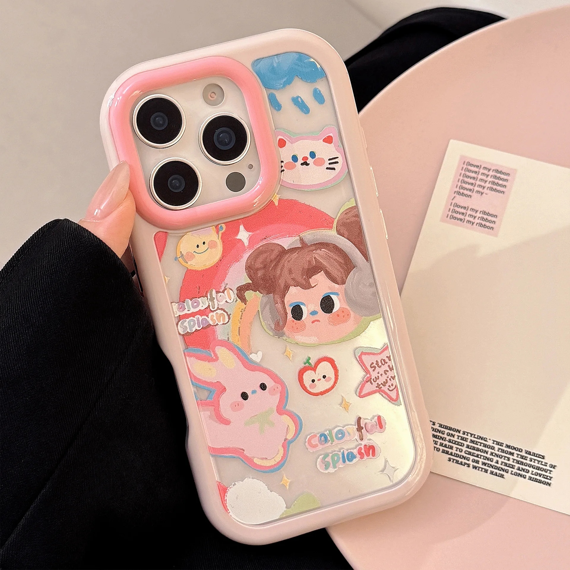 

Korean Cartoon Rainbow Girls Bunny Graffiti Phone Case For iPhone 17 Air 16 15 14 13 12 11 Pro Max XS XR X Shockproof Hard Cover