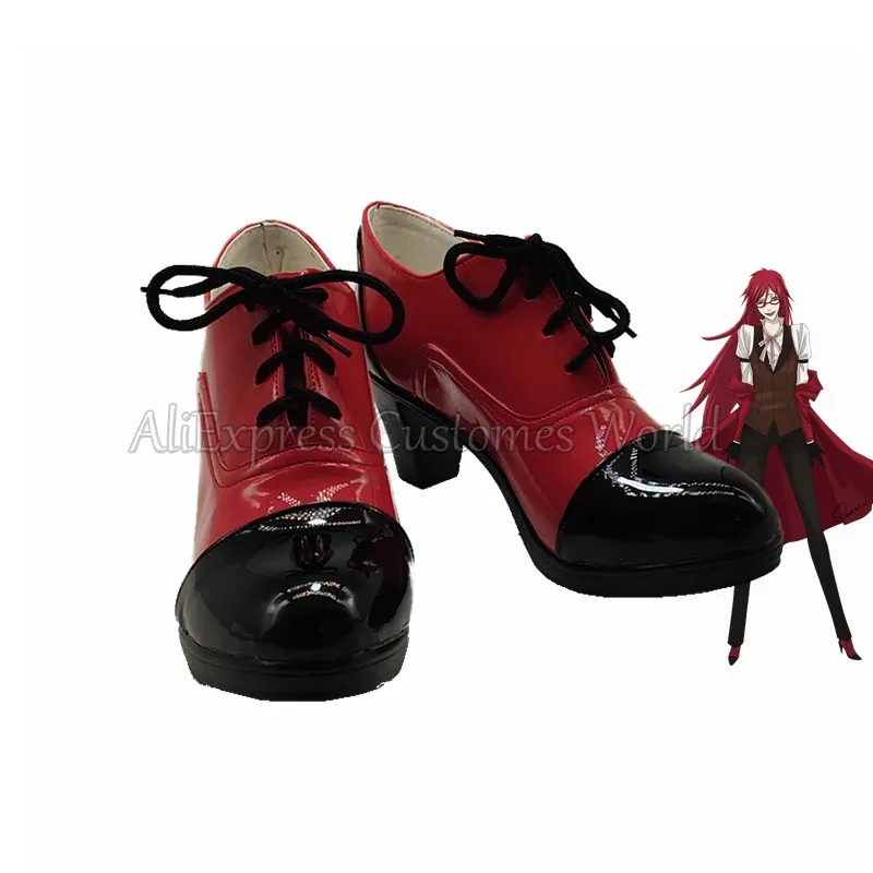 Anime Black Butler Grell Sutcliff Scarpe Cosplay Stivali rossi Distintivi e portachiavi gratuiti Halloween Grell Sutcliff Cos Accessori