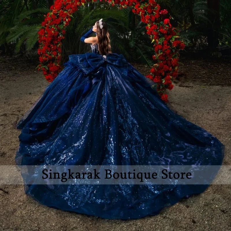 Navy Blue Glitter Ball Gown Quinceanera Dresses Sequin Applique Lace Beading Crystal Bow Tiered Tull Corset Off The Shoulder Swe